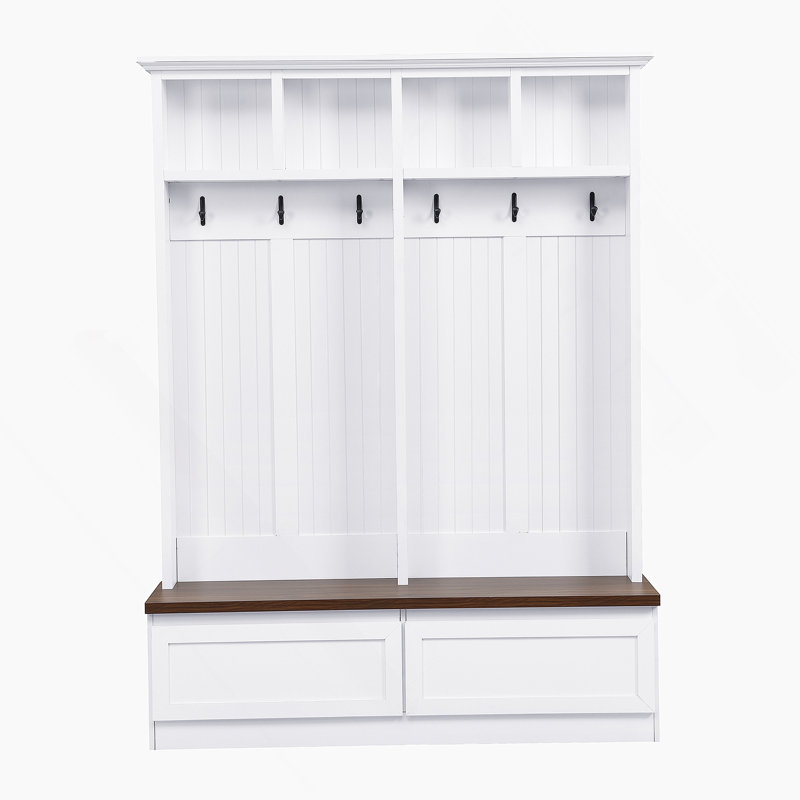 Farmhouse 4-In-1 Hall Tree With Wood Grain Bench, Mudroom Versatile Coat Rack With 2 Large Drawer, Entrance Organizer For Hallway, Living Room, White, 55.9"W 