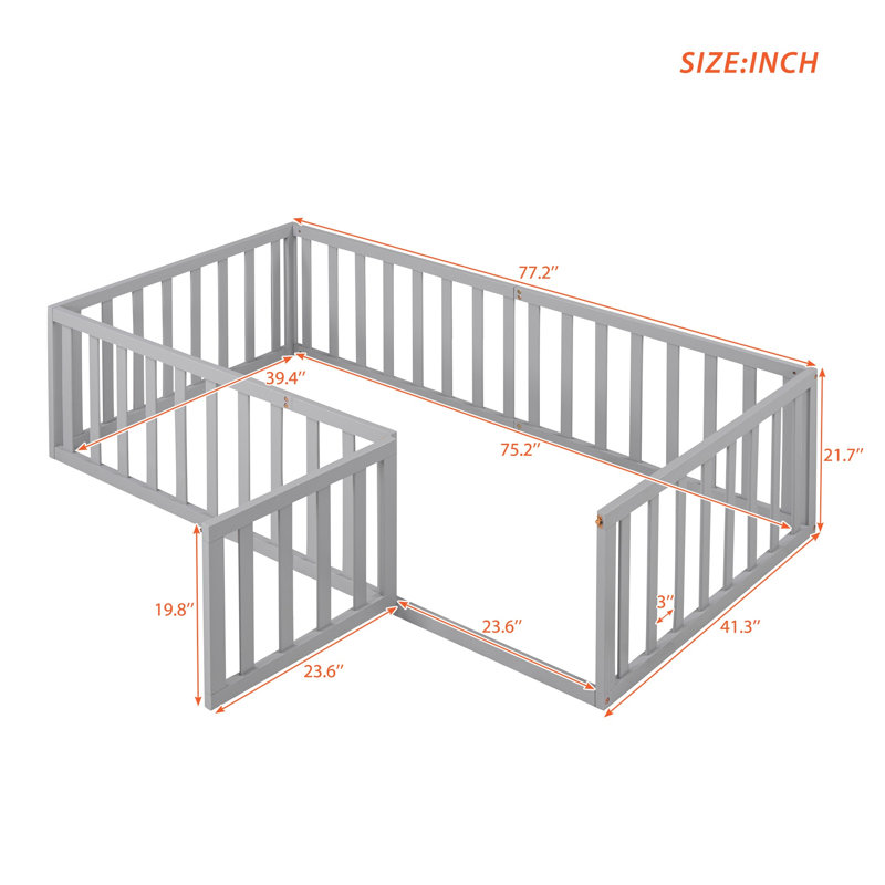 Twin Size Wood Daybed with Fence & Small Door – Solid Pine Kids Floor Bed Frame, Gray, Gray, Twin