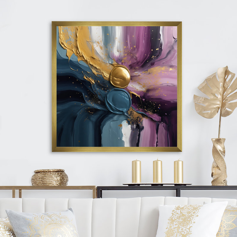 Mabe, mouvements mauves et bleus en peinture II sur toile, H 16 po x l 16 po x P 1 po, Encadrement doré