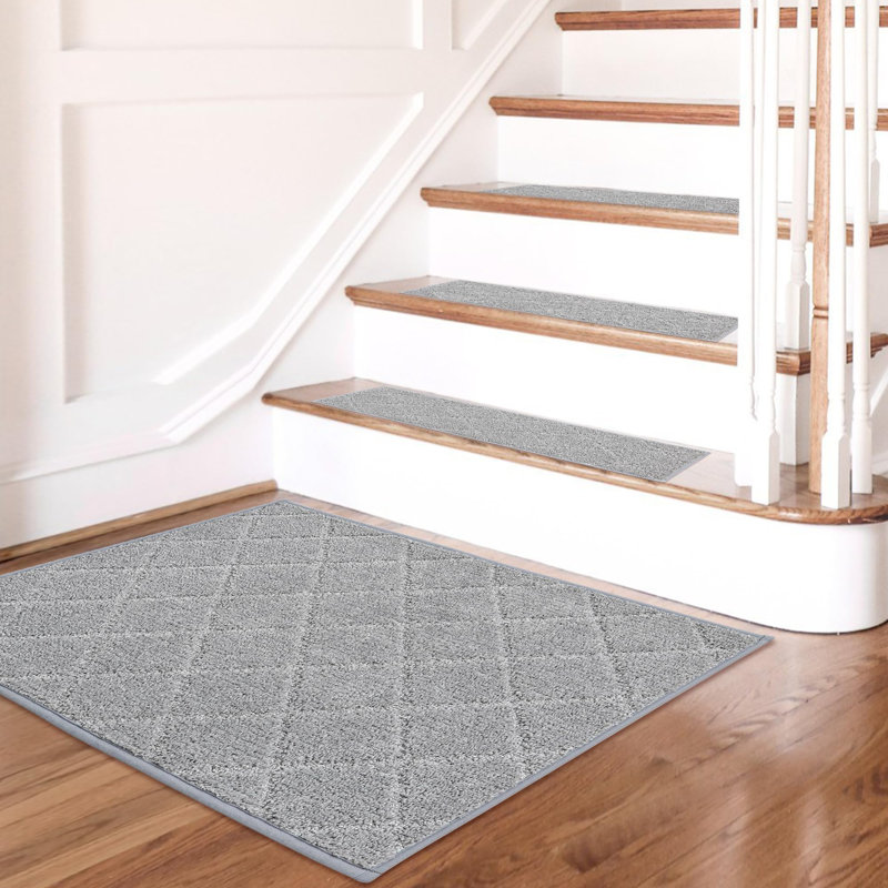 Tapis d'escalier intérieurs de coin antidérapants pour marches en bois, tapis d'escalier antidérapants, envers 100% polyester TPE, gris, 20 po x 32 po