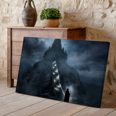 Canvas A Dark Atmospheric Landscape Featuring A Towering Gothic Castle Perched Wall Art Atop A Rocky Hill Shrouded In Mist And Shadows Canvas Wall Art