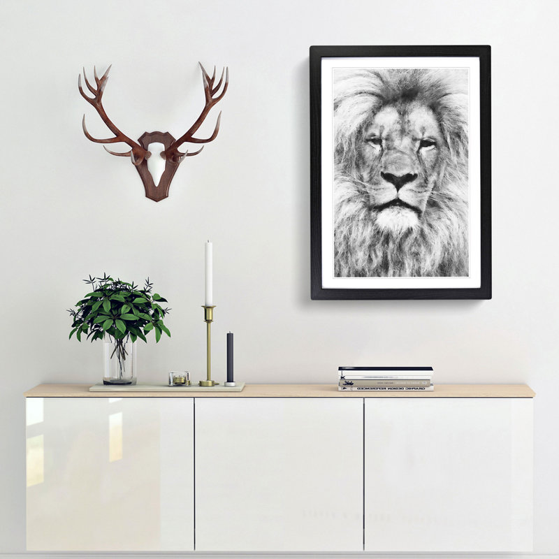 Lion Portrait - Picture Frame Drawing Print, 45cm H x 33cm W x 2cm D, Black Framed