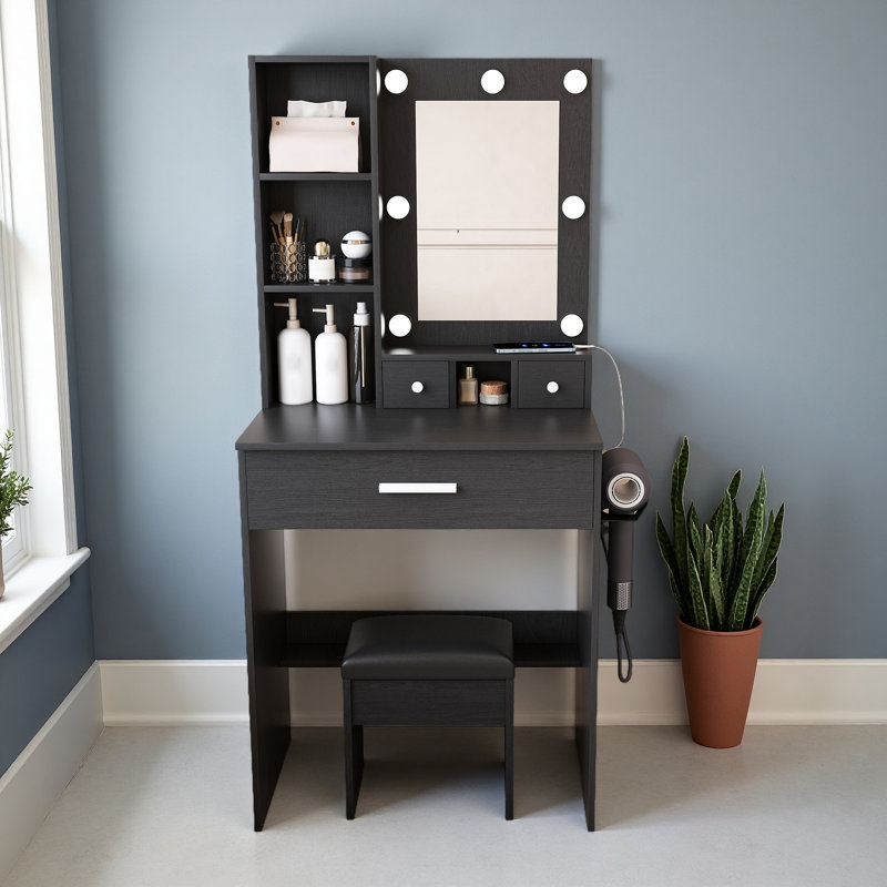 Vanity Table With Mirror & Adjustable LED Lights, Power Outlet, Hairdryer Holder & Stool – Compact Dressing Desk For Small Bedrooms