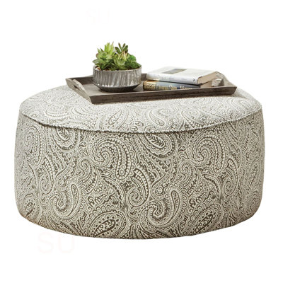 Transitional Style Round Upholstery Ottoman Welt Trim Paisley Pattern Multi Finish