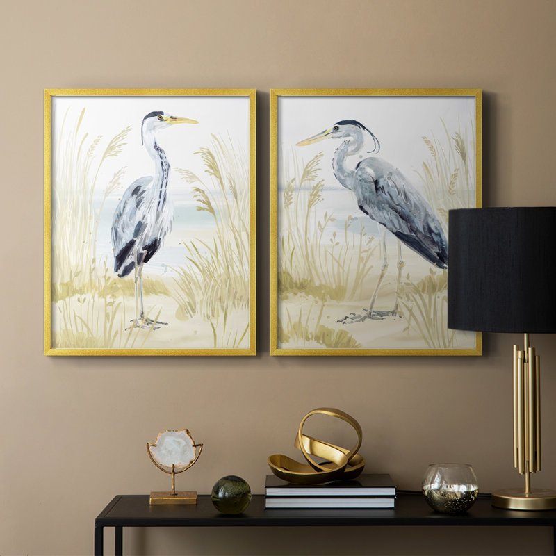 «Heron on the Coast I», reproduction encadrée de qualité supérieure - prête à être accrochée - aucun clou requis - aucun clou requis