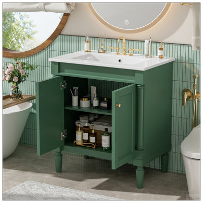 30" Luxurious Bathroom Vanity Cabinet With Ceramic Sink Basin, 30-Inch, Storage Cabinet With Soft Close Doors And Solid Wood Legs