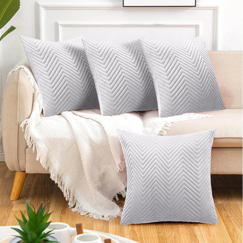 Luxury Chevron Embossed Quilted Pattern Velvet Cushion Cover Set (4-Pack) - Soft Throw Cushion Cover for Home Décor, Silver