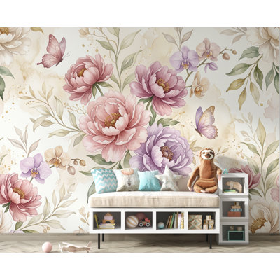 Elegant Watercolor Peony & Orchid Wallpaper | Luxury Blush Pink Botanical Wall Mural | Feminine Floral Wallpaper for Beauty Salon, Spa