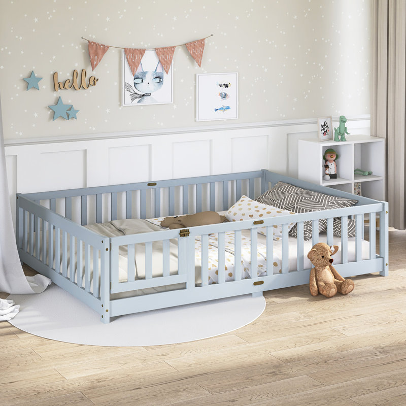 Lit double en bois avec garde-corps et porte, Gris, Lit double