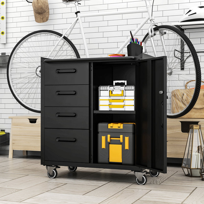 Armoire de rangement robuste pour outils en métal avec roulettes - Armoire de rangement pour outils pour le garage, le bureau et la maison, noir / gris