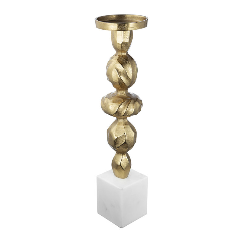 Porte-bougie Doz, base en marbre blanc, tige sphérique dorée de 19 pouces, H 18,7 po x l 4,5 po x P 4,5 po