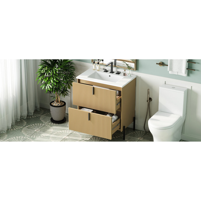Meuble-lavabo en céramique de 30 po avec cloison de tiroir intelligente, glissières à fermeture en douceur et conception de déversement pour un lavabo pratique, rangement intelligent, mécanisme de fermeture en douceur, cannelé moderne fabriqué à la main