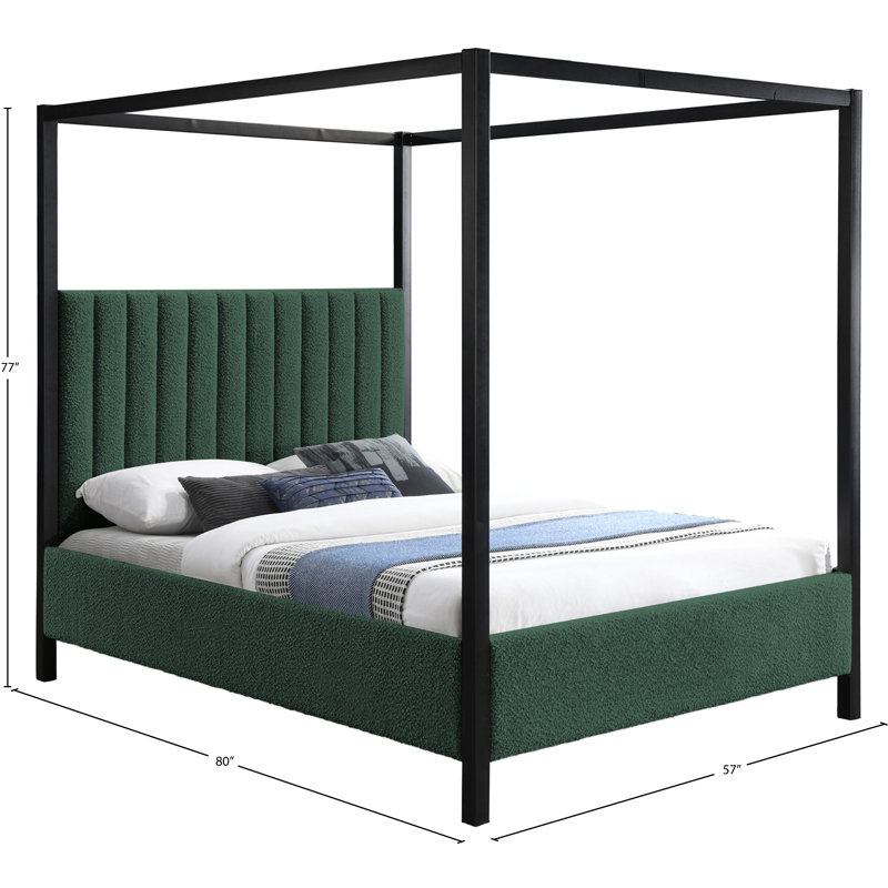 Lit à baldaquin Kelly, Tissu bouclé vert, Double