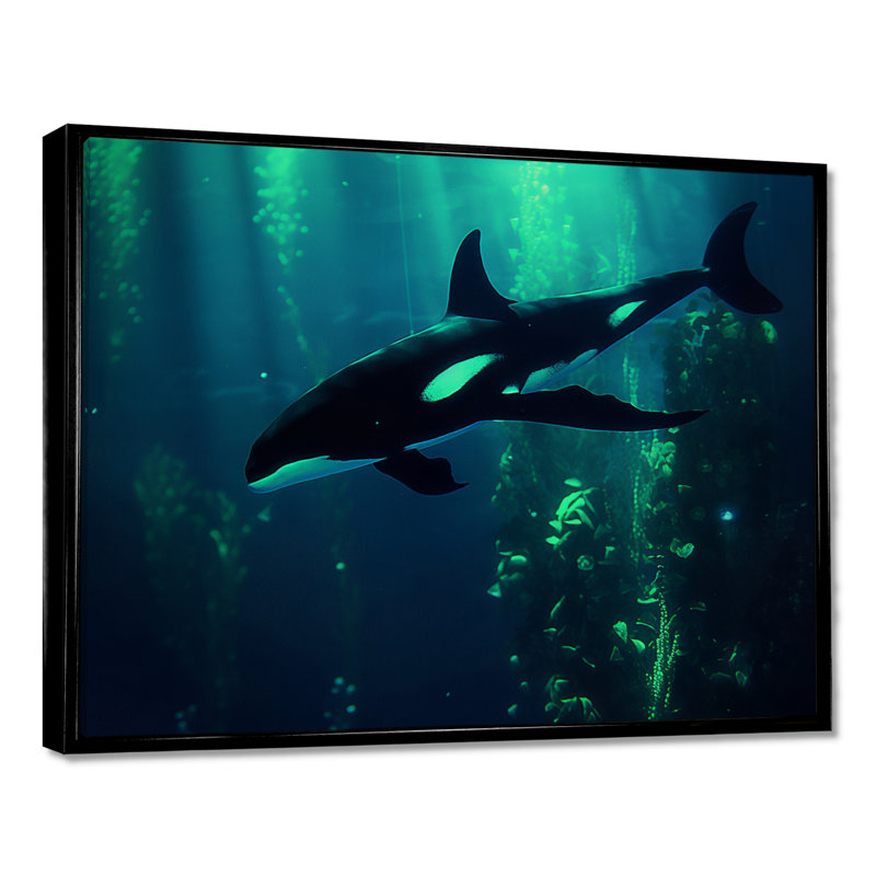 «Deep Ocean Orka God Rays - Coastal Animal», reproduction d'art mural, H 12 po x l 20 po, Toile flottante noire encadrée