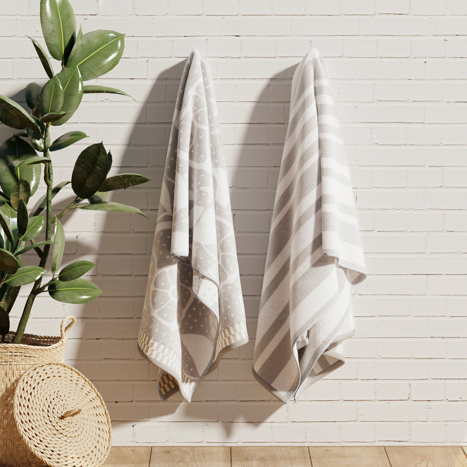 2-Piece Jacquard Cotton Beach Towel Set, Grey/White Seashells / Stripe