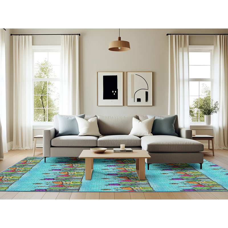 Tapis bleu/vert à motifs, Rectangle 6 pi x 9 pi