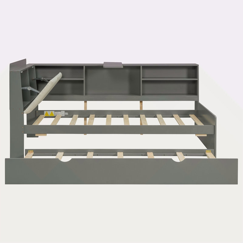 Lit plateforme en bois avec lit gigogne, tablettes et tête de lit, Gris
