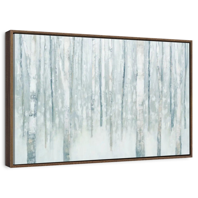 Bouleaux en bleu-gris d'hiver, 43 po x 29 po, Cadre flottant en noyer