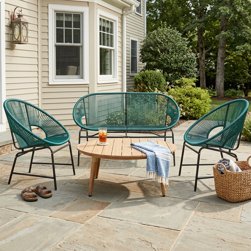 Ensemble de patio extérieur 4 pièces: mobilier en rotin PE vert clair et structure en fer forgé avec table en bois d'acacia