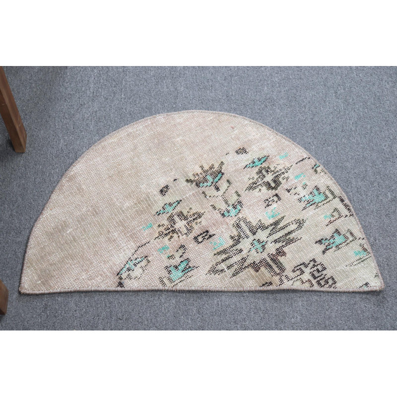 Handmade Beige Bohemian Decor Small Round Turkish Rug with Vintage Anatolian Style Accent