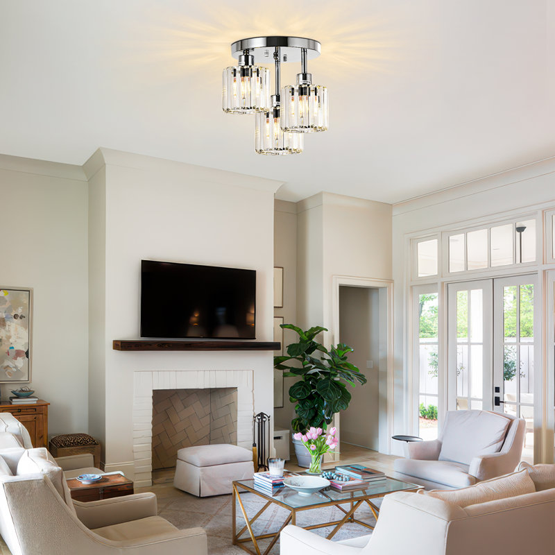 Modern Crystal Ceiling Light Fixtures, 3 - Light Semi Flush Mount Ceiling Light With Clear Crystal Shade, Chrome