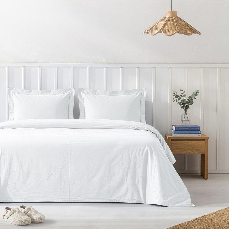 Ensemble de housse de couette 100% coton percale uni - Comprend 1 housse de couette et 2 taies décoratives, Blanc