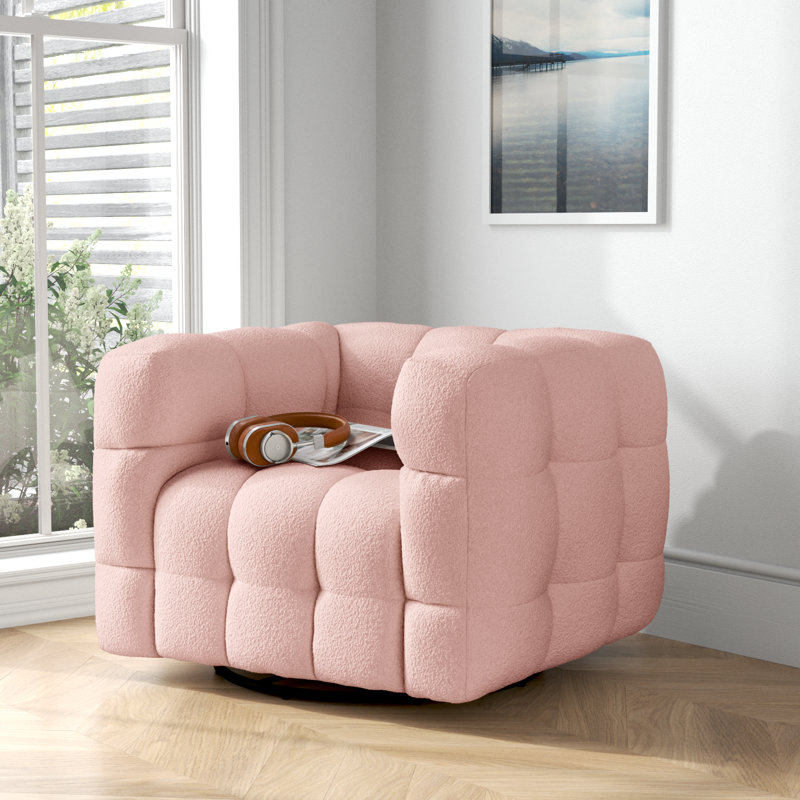 Avdul 38" Wide Tufted Swivel Chair with Square Arm, Pink Boucle