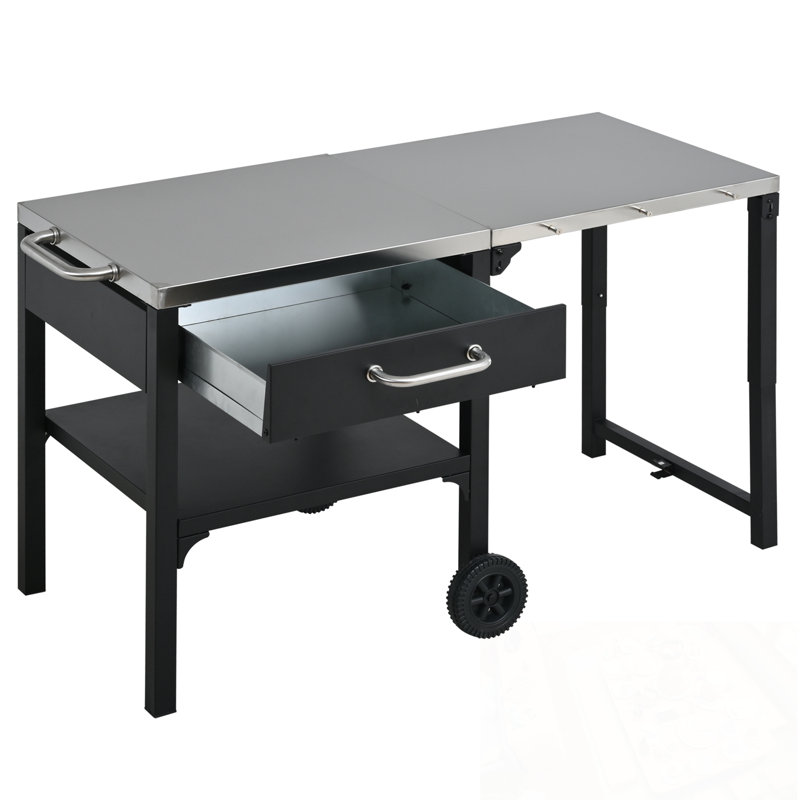 Chariot de cuisine d'extérieur avec plateau pliable et espace de rangement, Noir
