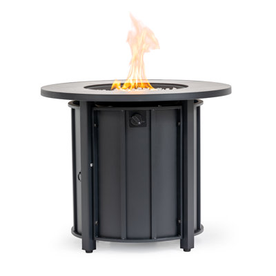 30" W 50,000 Btu Wood Grain Ceramic Round Tabletop Steel Outdoor Propane Fire Pit, With Lid Waterproof Cover And Glass Stones Propane Gas Fire Pit Table