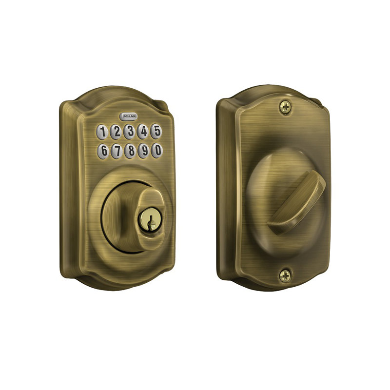 Schlage Keypad Deadbolt with Camelot Trim, Antique Brass, Yes