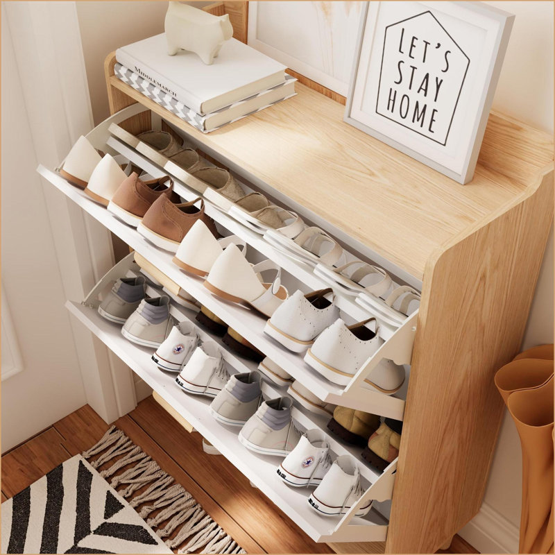 Shoe Cabinets Narrow with 2 Flip Drawers Solid Wood Legs 31.5”x9.5”x41.3” Inches Entryway Organizer | White | Scandinavian Style