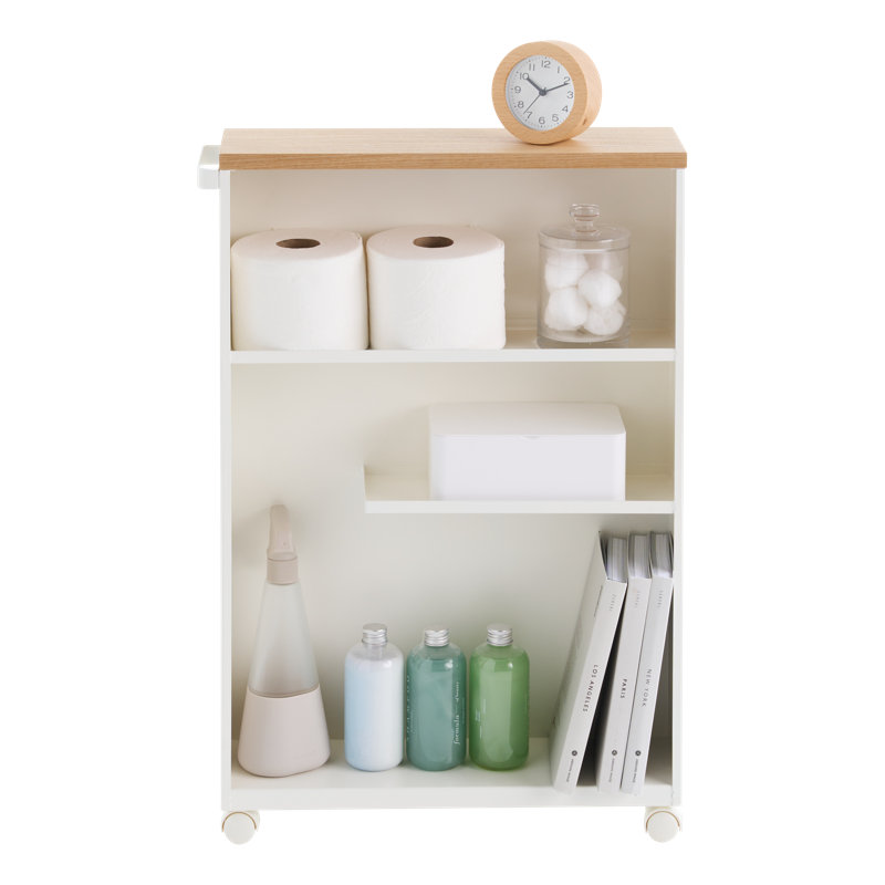 Slim White Wood Adjustable Rolling Bathroom Storage Cart