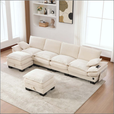  Canapé modulaire modulaire avec nuage, siège rembourré en velours côtelé avec ports USB et repose-pieds de rangement, canapé segmenté configurable sur mesure pour salon et bureau
