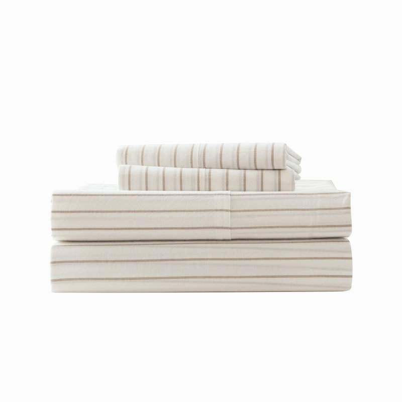 MooMee Striped Sheet Set 100% Washed Cotton Linen Like Textured Breathable Lightweight, King Sheet Set with 2 Pillowcases