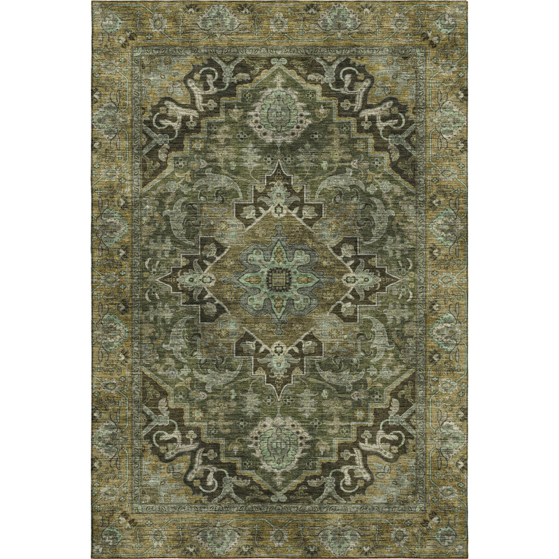 Premium Machine Washable Mayfield  global Rug, Olive, 9' x 12'