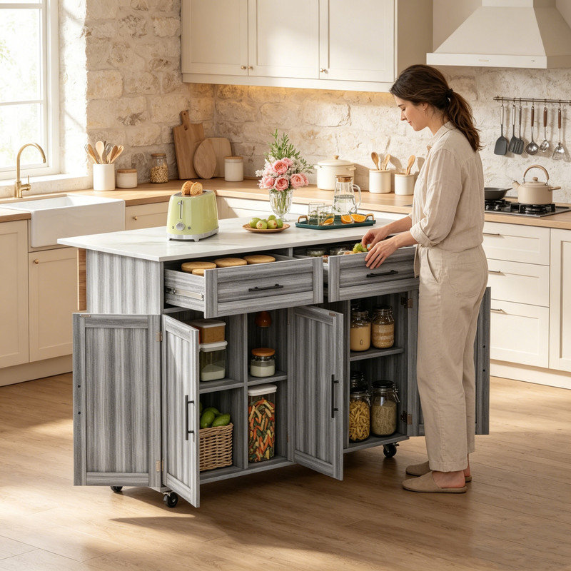 129 cm W Kitchen Island with, Grey