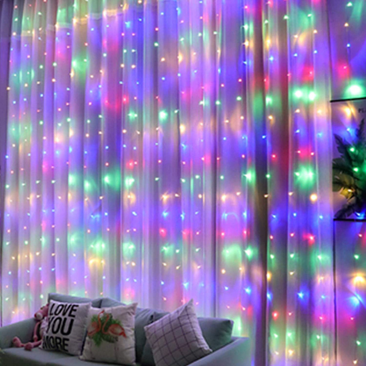 Trinx Window Curtain String Lights 300 LED 8 Modes Fairy Copper USB ...