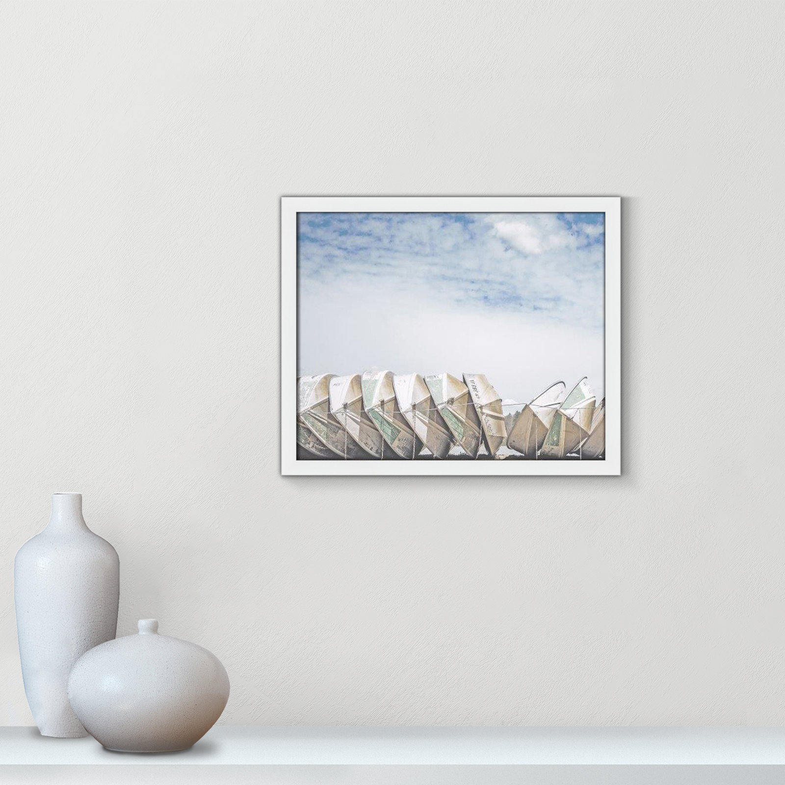 Hennecy "Wooden Boats" Print by Leah Straatsma, 16" H x 19" W x 1.25" D, Satin White