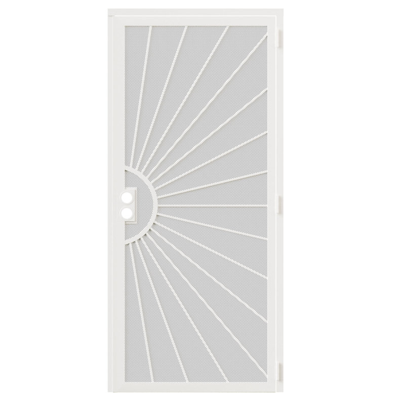 Security Screen Door 36" x 80" Perforated Mesh Steel Exterior Door with Rust-Resistant Finish and Dual-Bore, Universal/Reversible Outswing White Powder Coated, Sturdy with Optimal Airflow & Prevent Insect for Front or Patio Entry, back porches, balconies