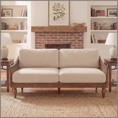 70.9" Mid-Century 3-Seater Sofa Couch Soft Chenille Upholstery with Rattan Armrests & Rubber Wood Legs Multi Seating Furniture for Living Room and Apartment, Light Brown