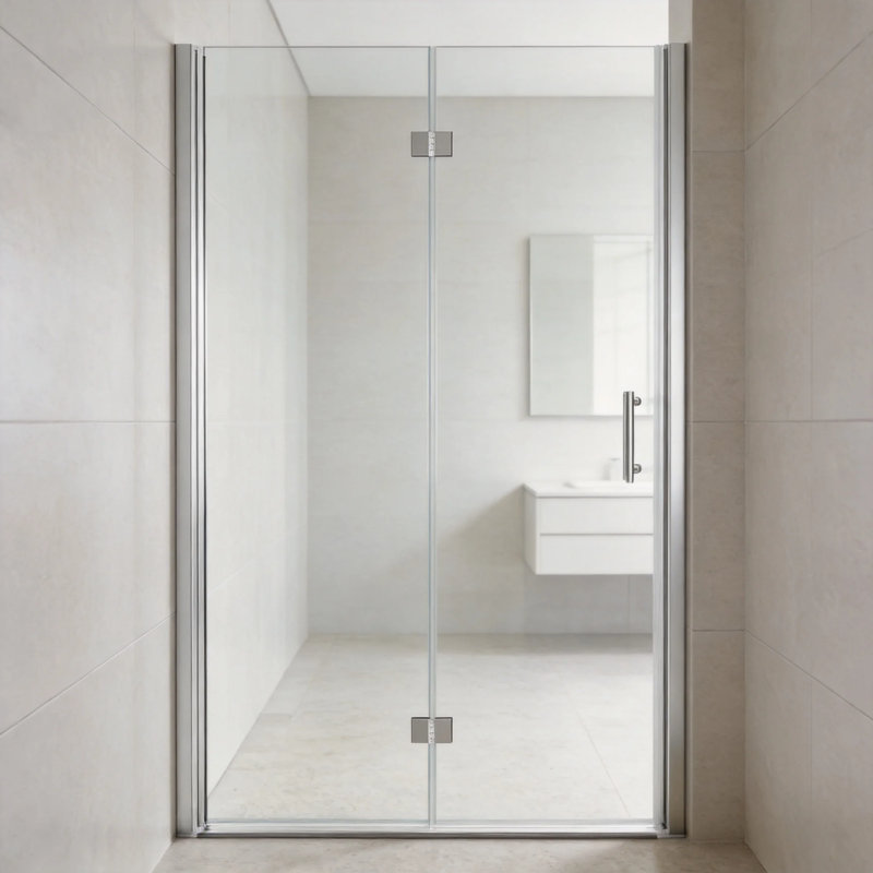 Porte de douche pliante sans cadre de 86 cm (L) x 183 cm (H) avec quincaillerie en chrome poli et verre trempé de 6 mm.