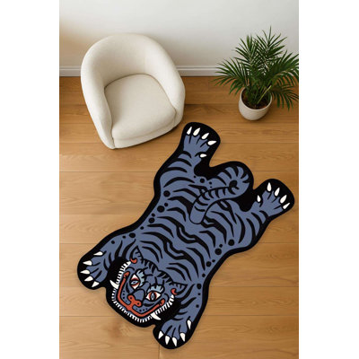 Midnight Blue Traditional Tattoo Tiger Accent Rug