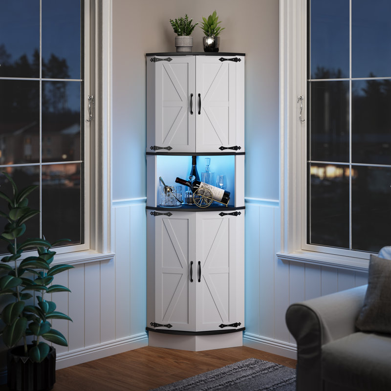 Grande armoire de coin 65 po avec portes de grange, étagère de rangement à 5 niveaux et bahut de rangement 65 po