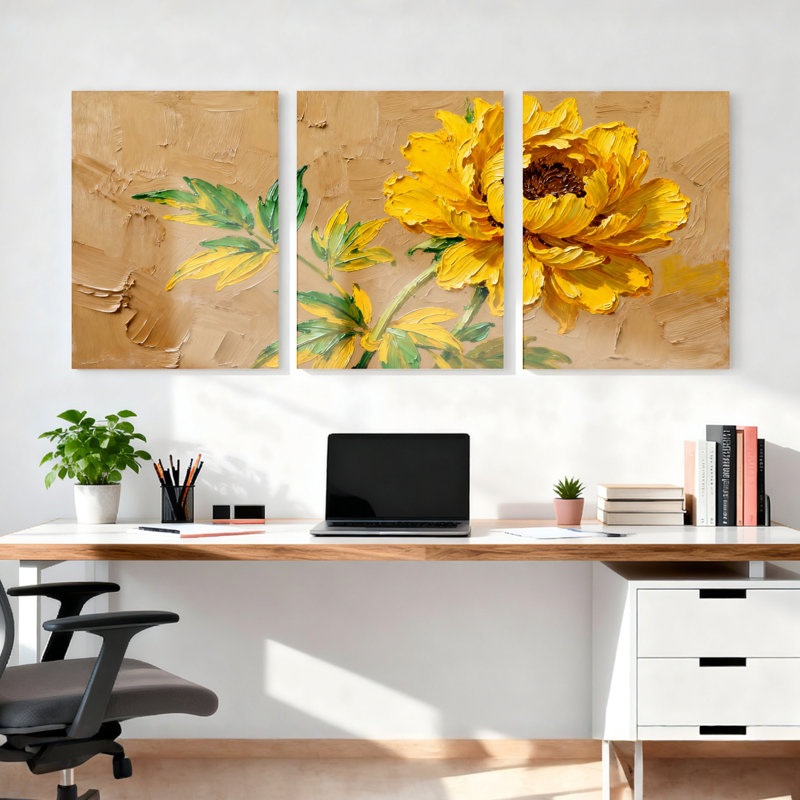 Tableau mural sur toile tendue, motif floral de pivoine jaune, style abstrait moderne (paquet de 3), H 24 po x l 48 po