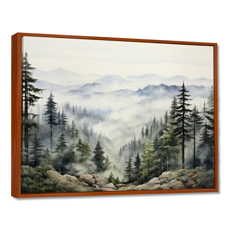 «Pine Tree Misty Mountain I», art sur toile de pin, Reproduction avec cadre flottant, H 34 po x l 44 po, Brun