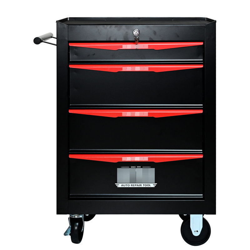 Coffre à outils roulant de 20 po avec 4 tiroirs - glissières à roulement, boîte en acier noir et rouge, espace supplémentaire, 4 glissières d'armoire pivotantes en métal, acier, roues universelles, rangement pour outils verrouillable