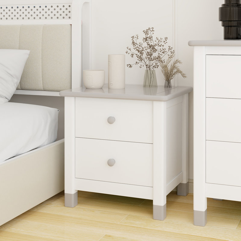 Table de chevet 2 tiroirs Abbegail, Blanc / gris