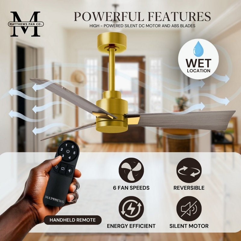 Alessandra Outdoor Downrod Ceiling Fan, Gray Ash Tone, Brushed Brass