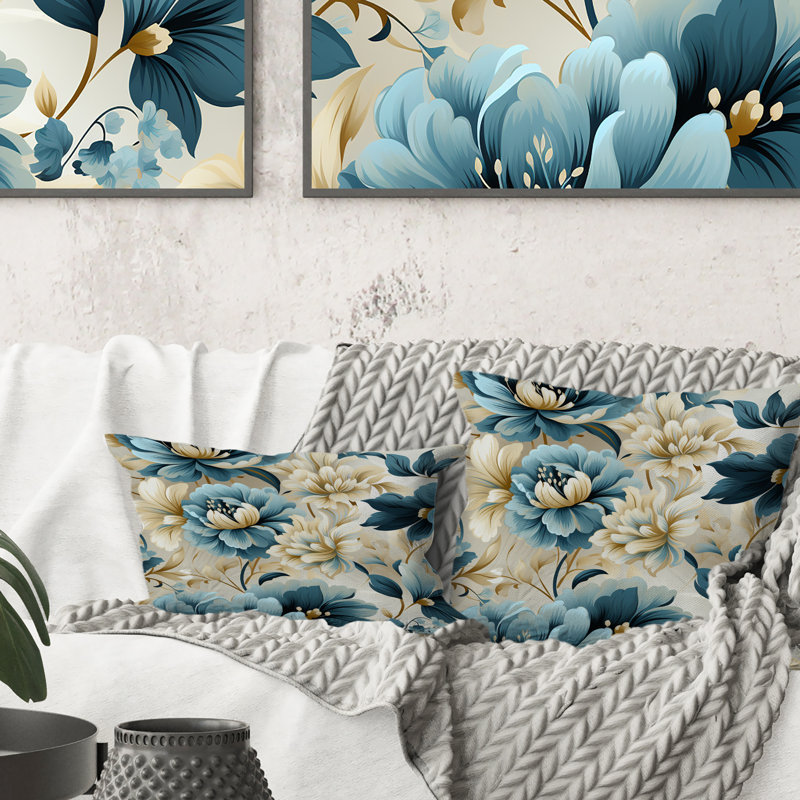 Coussin décoratif à imprimé floral de pivoines bleues et blanches, H 18 po x l 18 po