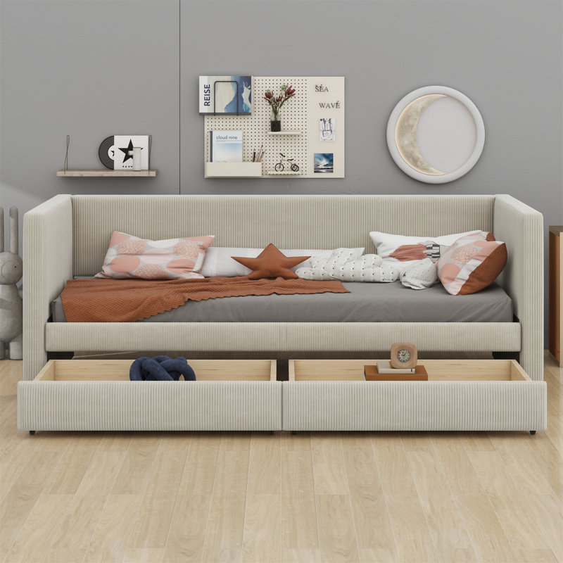 Corduroy Daybed With Two Drawers And Wood Slat, Beige
